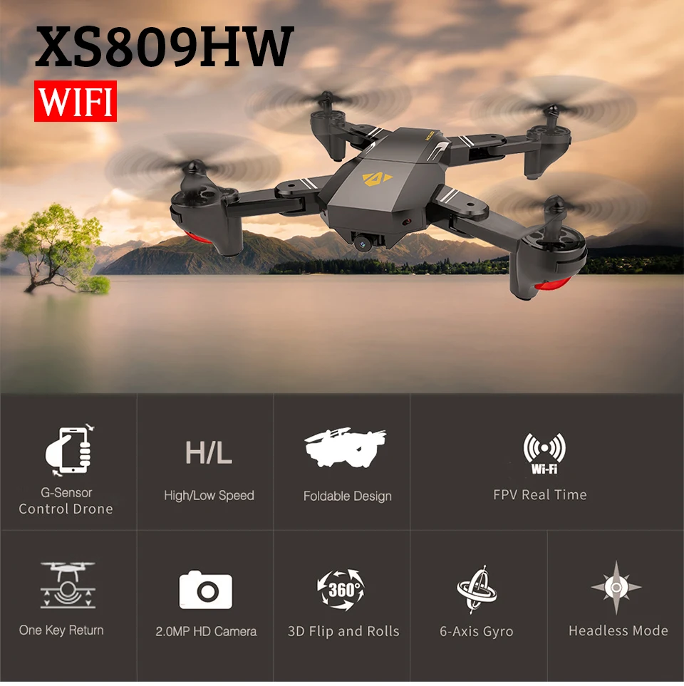 XS809HW FPV дрона с дистанционным управлением с поддержкой Wi-Fi 2MP/0.3MP Камера 2,4G 6-осей, «Безголовый» режим удержания высоты, складной Квадрокоптер с дистанционным управлением с 5in1 кабины