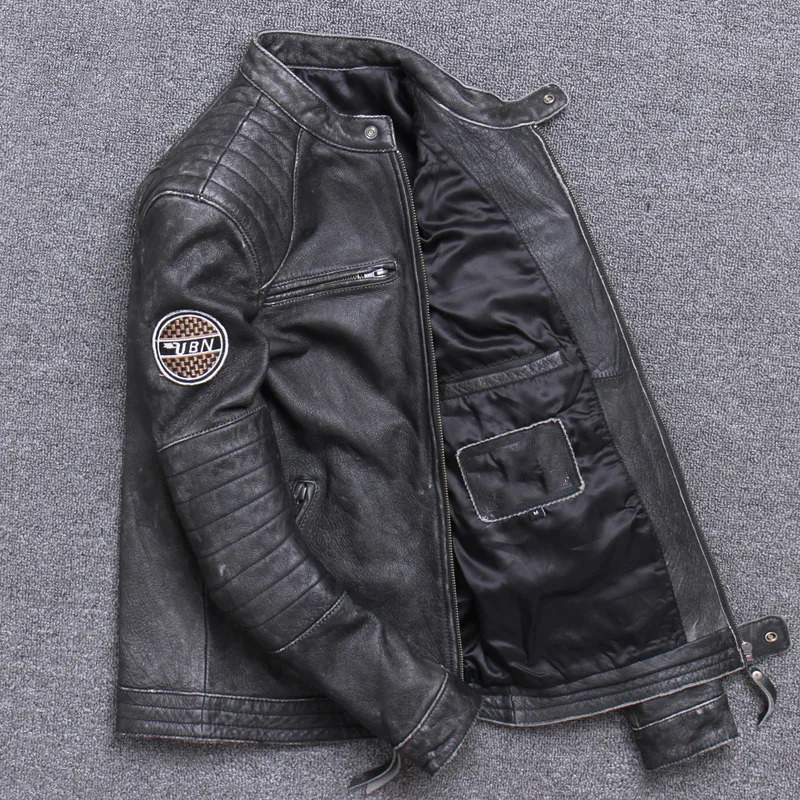 

2021 Vintage Black Men Slim Fit Biker Leather Jacket Plus Size 4XL Genuine Cowhide Spring Motorcycle Natural Coat FREE SHIPPING