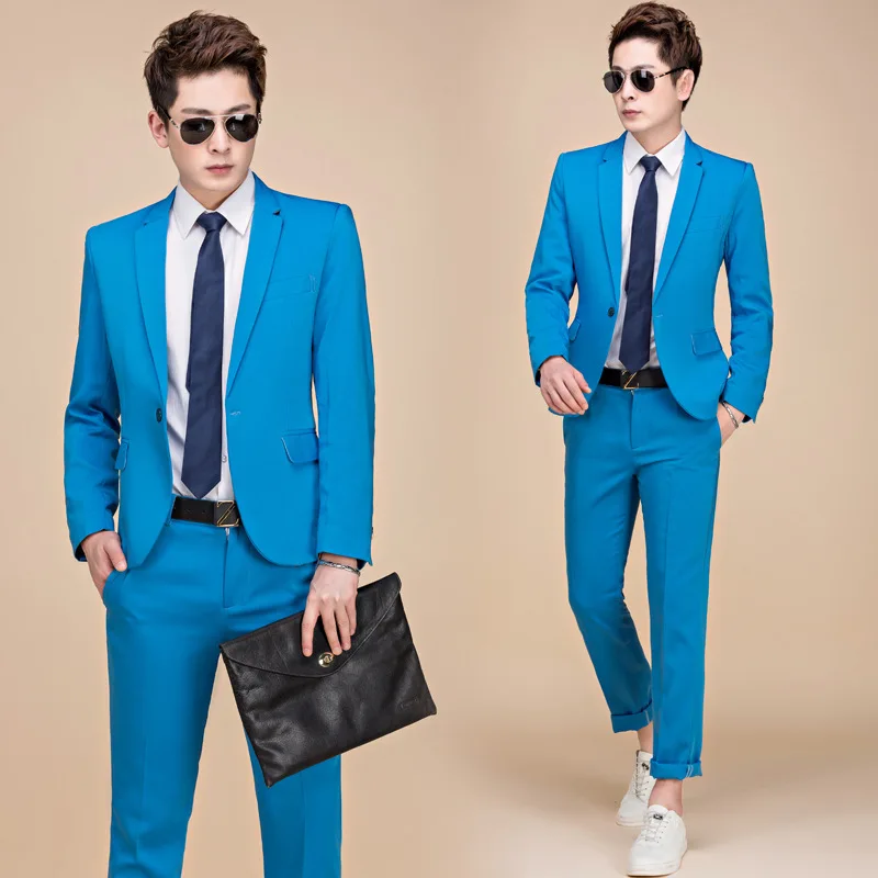 Sky Blue Куртки+ брюки) мужские костюмы для свадебного торжества, повседневные приталенные мужские костюмы с отворотом кофейного цвета, американские размеры, деловые костюмы певицы, мужские костюмы - Цвет: Sky Blue