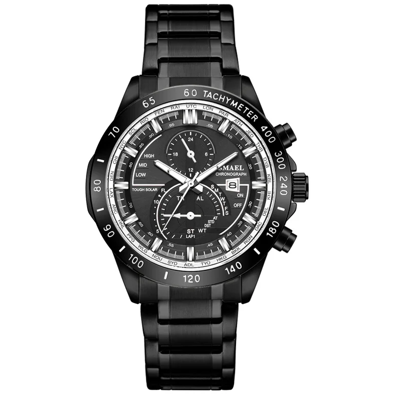Черный SMAEL Luxury Men Watches Gold Tone Stainless Steel Expansion Band Fashion Chronograph Quartz Watch Men Sport Wristwatch - Цвет: Черный