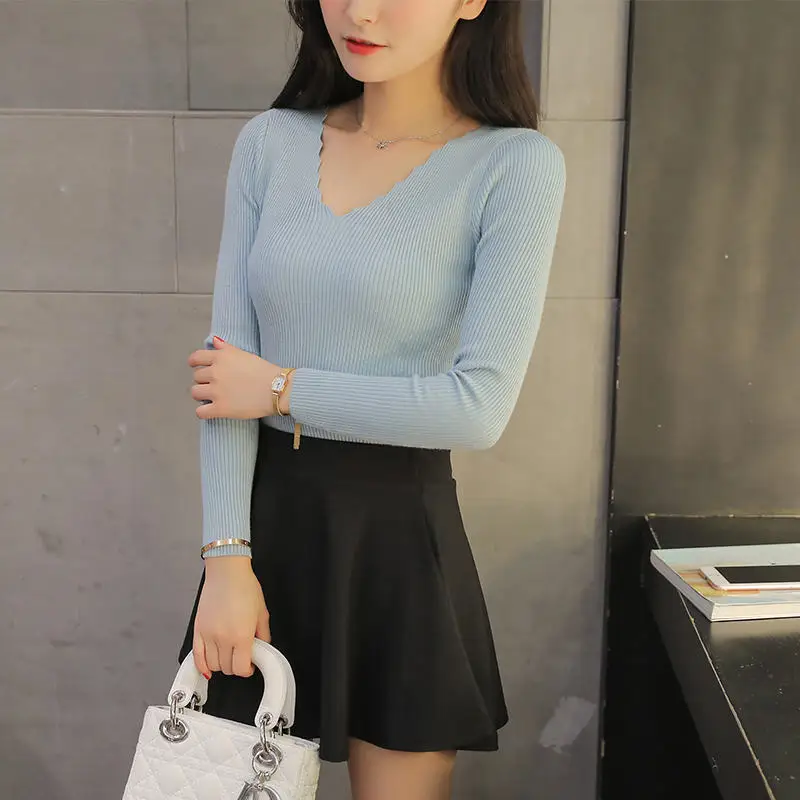 light blue Sueter mujer invierno, весенние, осенние, зимние женские свитера и пуловеры, сексуальные, v-образный вырез, длинный рукав, одноцветные, тонкие, для женщин - Цвет: light blue