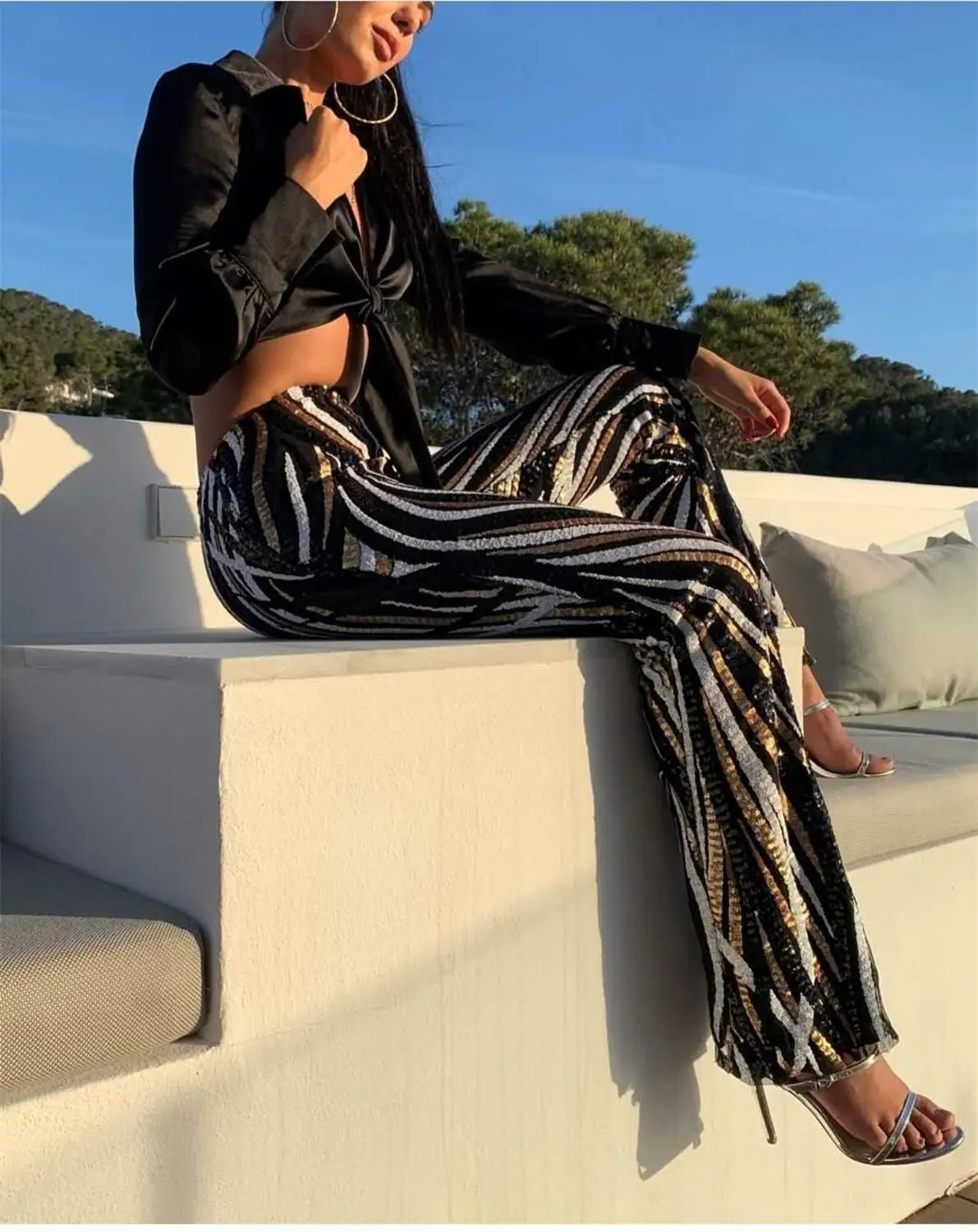 2019 новые летние женские Подиумные Брюки с блестками модные широкие брюки