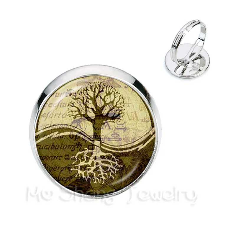 

Tree Of Life Glass Cabochon Yin Yang Rings 16mm Glass Dome Handmade Trendy Adjustable Golden Plated Rings For Women