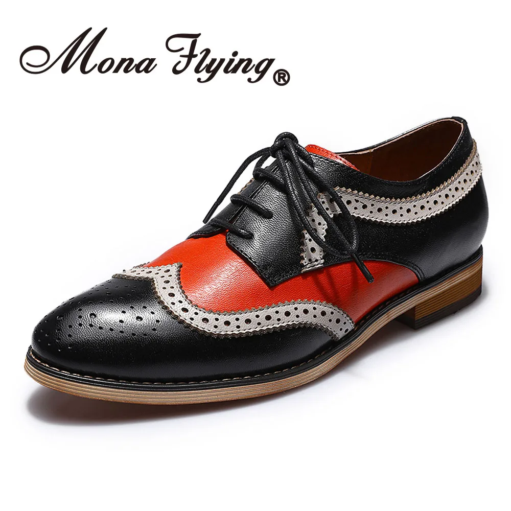 Mona flying/женские кожаные Разноцветные Туфли-оксфорды на шнуровке с перфорацией типа «броги»; туфли дерби; женские B098-01 - Цвет: Black- Red