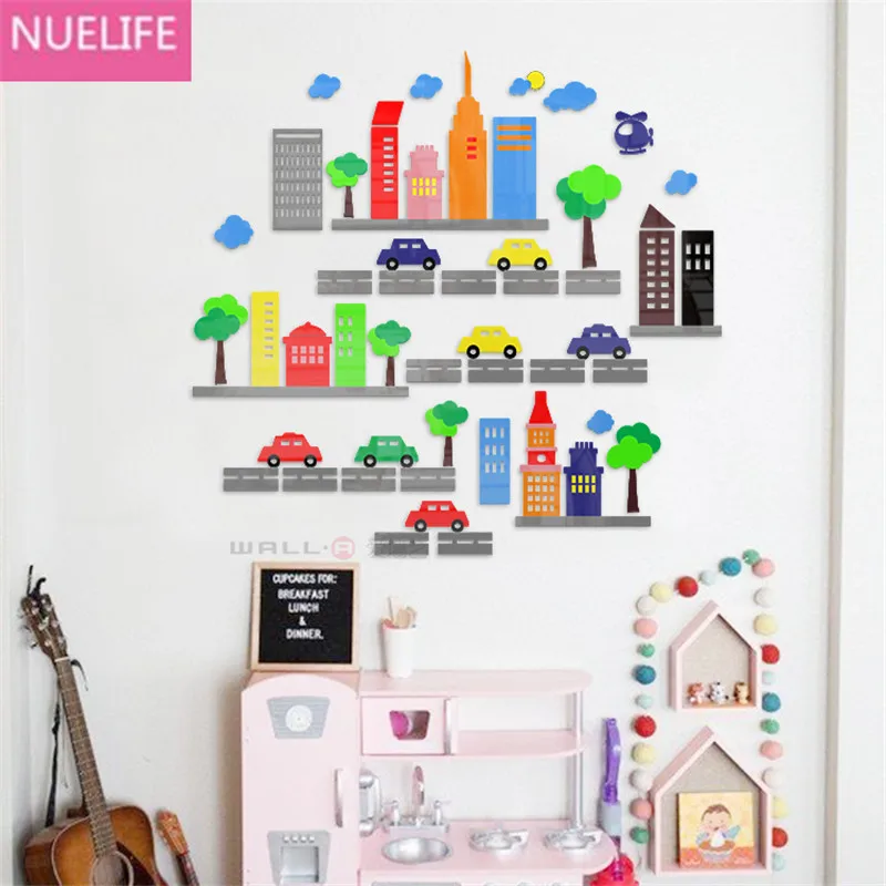 Cartoon city car design 3D acrylic Wall stickers bedroom kids room school kindergarten background wall decoration | Дом и сад