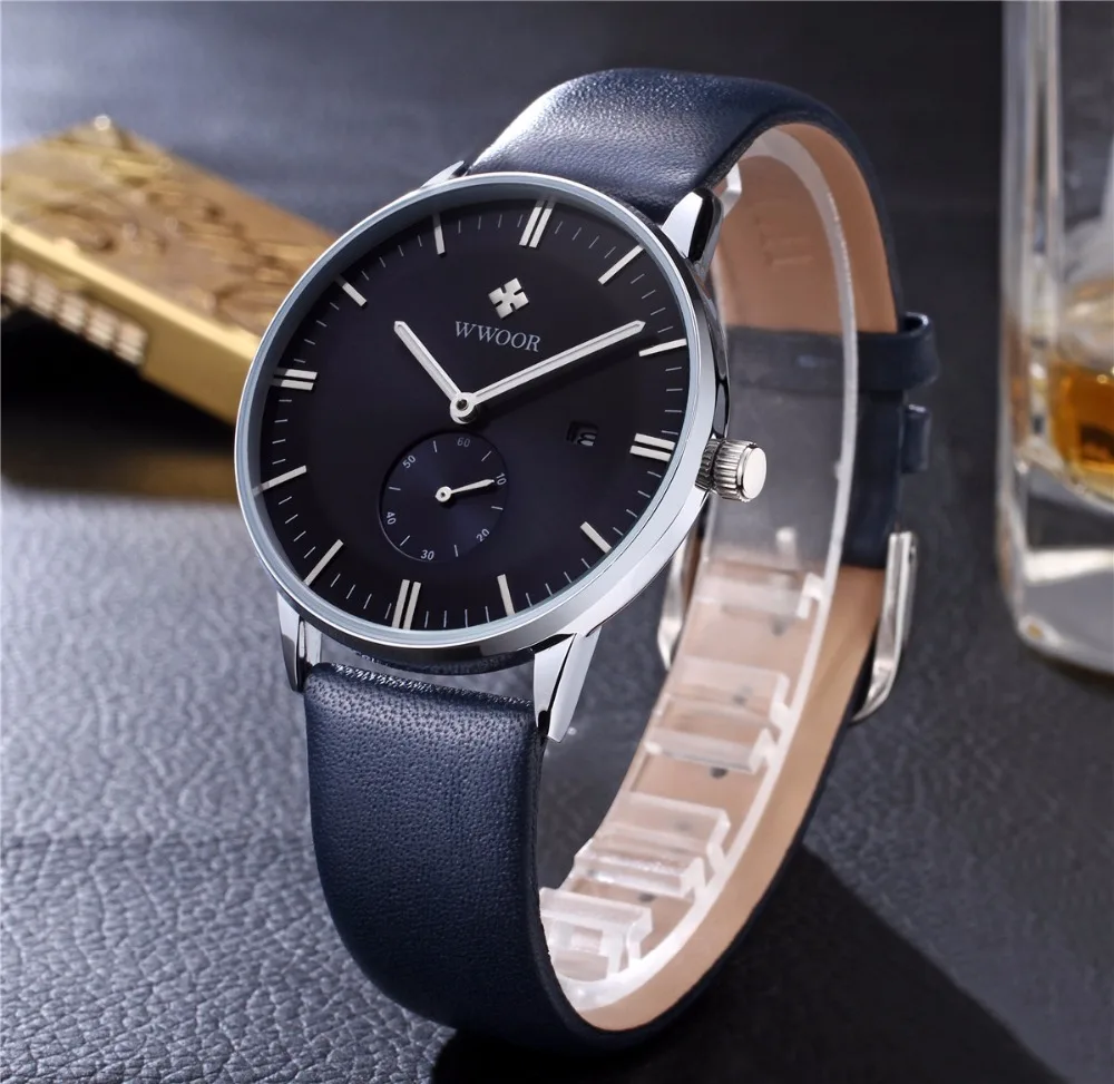 

erkek kol saati WWOOR brand watch men quartz super thin date men waterproof watch luxury leather male sports watch