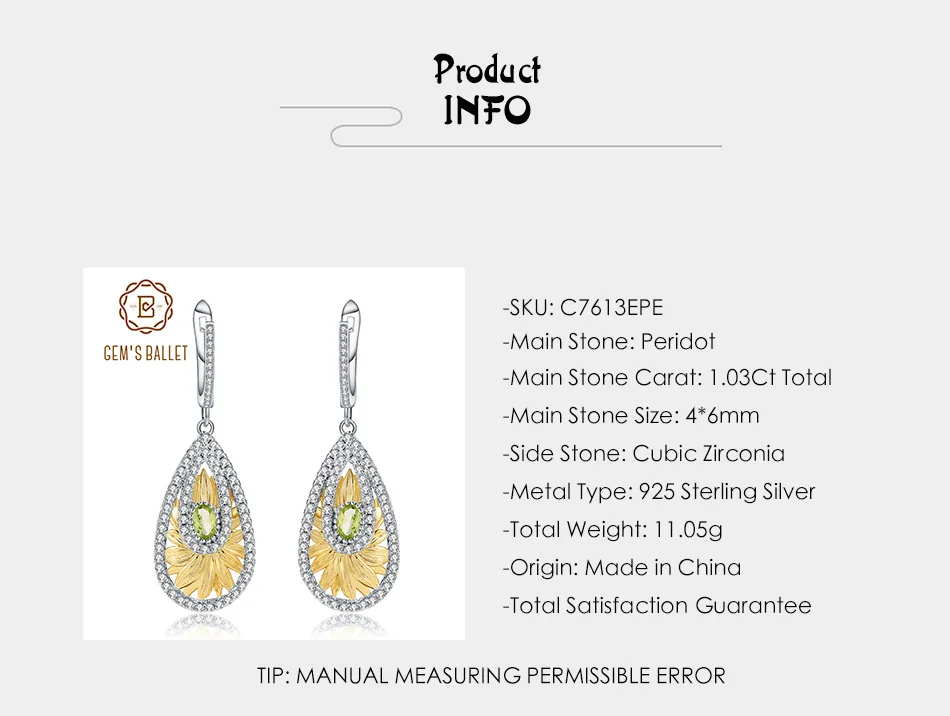 GEM'S BALLET 1.03Ct натуральный Перидот серьги в форме подсолнечника 925 пробы Серебряные Оригинальные висячие серьги ручной работы для женщин ювелирные изделия