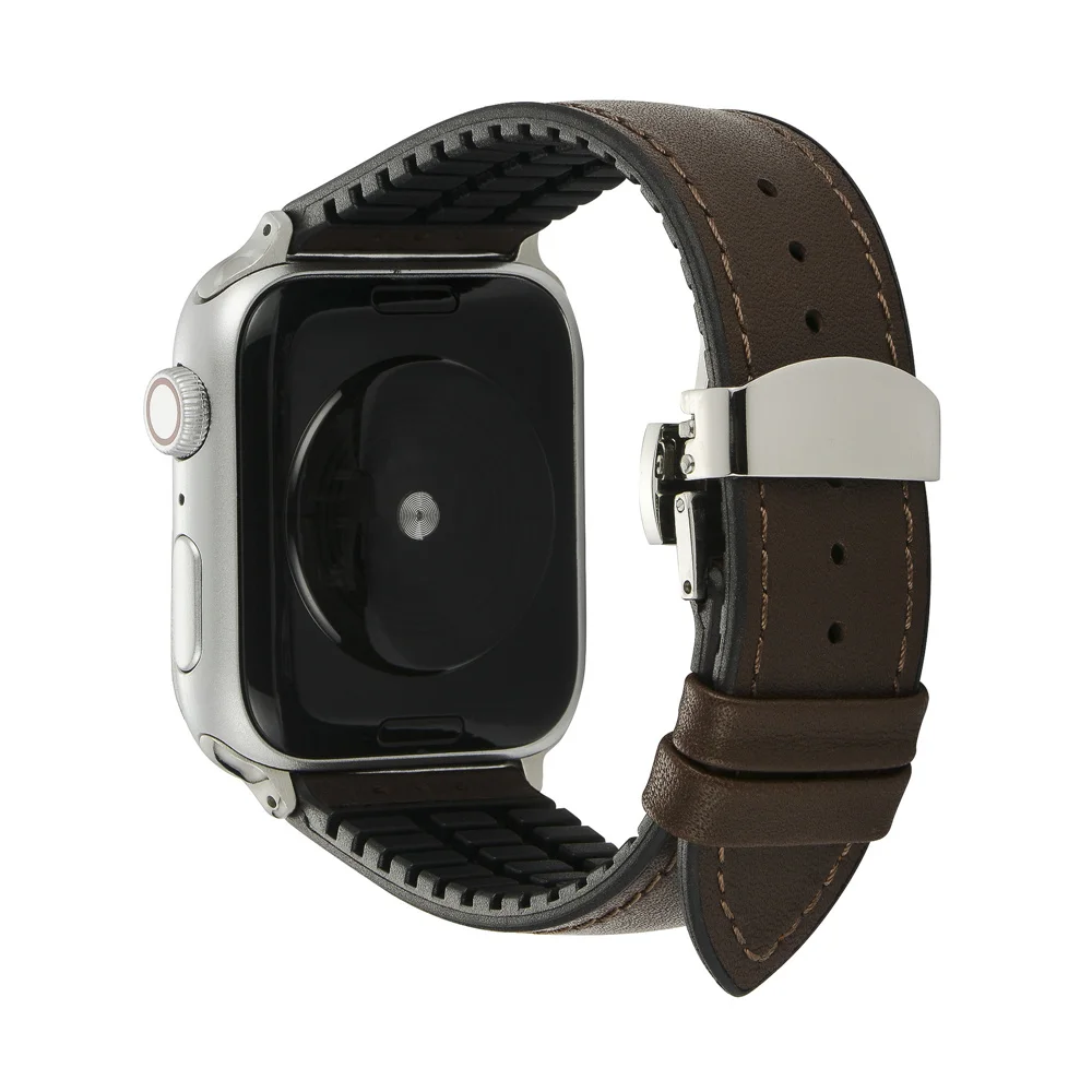 Brown 2 Ремешок для наручных часов Apple Watch 38/42/40/44 мм армированный чехол из силикона+ кожаный ремешок браслет для наручных часов iWatch серии 5 4 3 2 1 наручный ремень аксессуары - Цвет ремешка: Brown 2