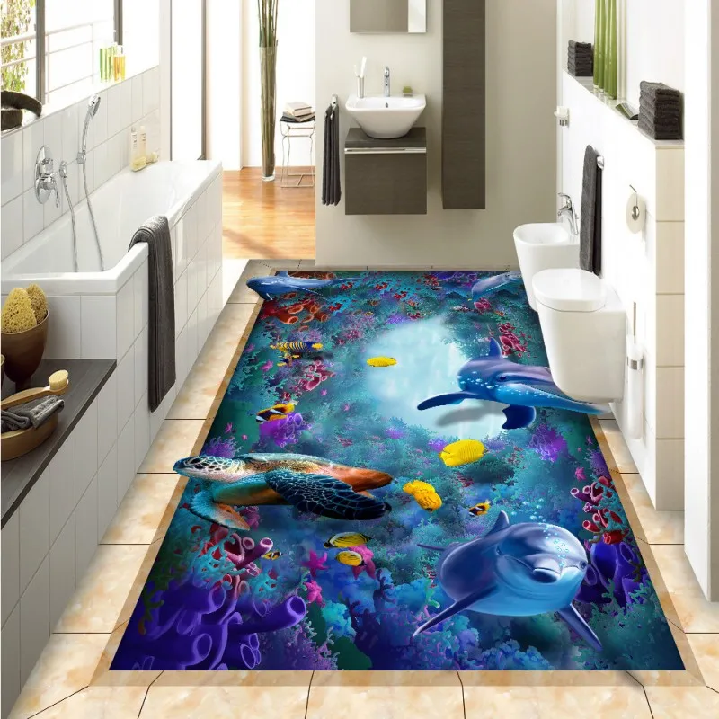 

Free Shipping Sea World Dolphin 3D painted flooring restaurant bathroom hallway floor wallpaper mural