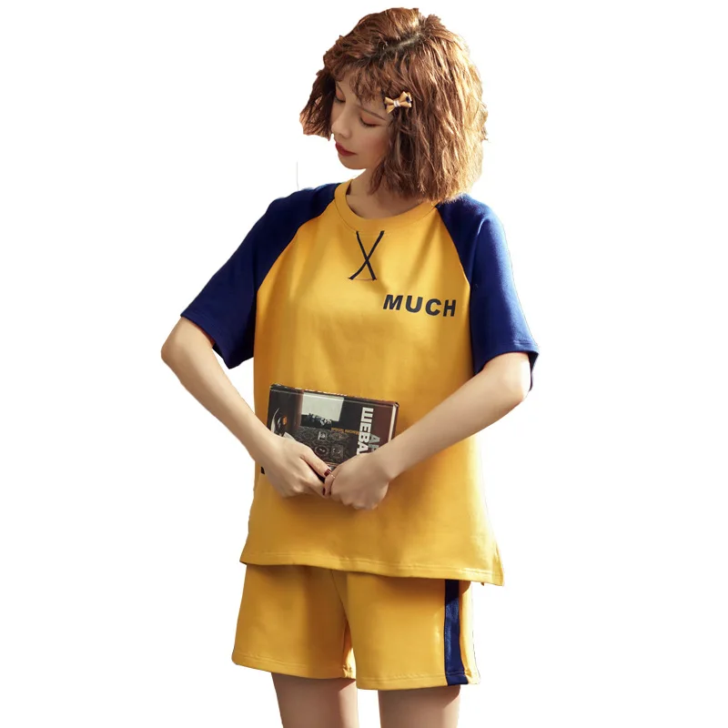 Женский Пижамный костюм из хлопка с коротким рукавом пижама для ночного отдыха