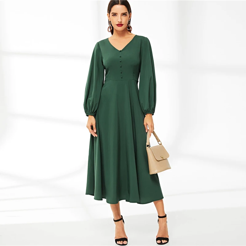 SHEIN abaya, зеленое платье с v-образным вырезом и пуговицами, рукав-фонарик, однотонное длинное платье трапециевидной формы с высокой талией,, винтажные осенние женские платья