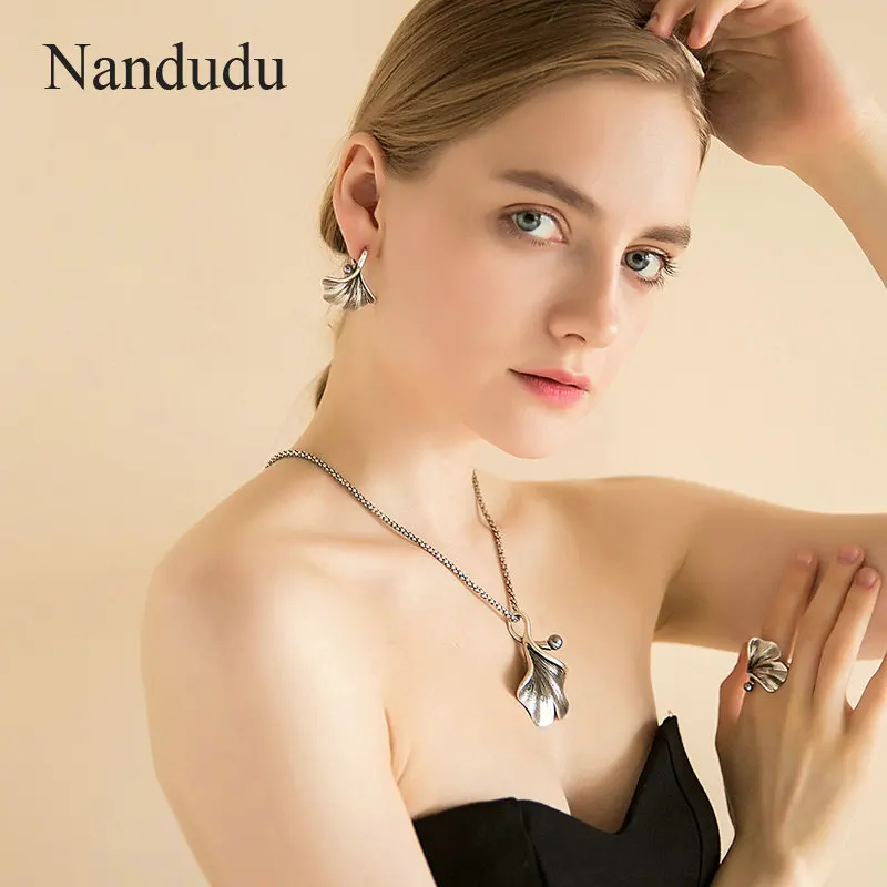 Nandudu, винтажный Ретро кулон в виде листьев гинкго с жемчугом, ожерелье, серьги, кольцо, ювелирные наборы, серый цвет, бижутерия для женщин, подарок