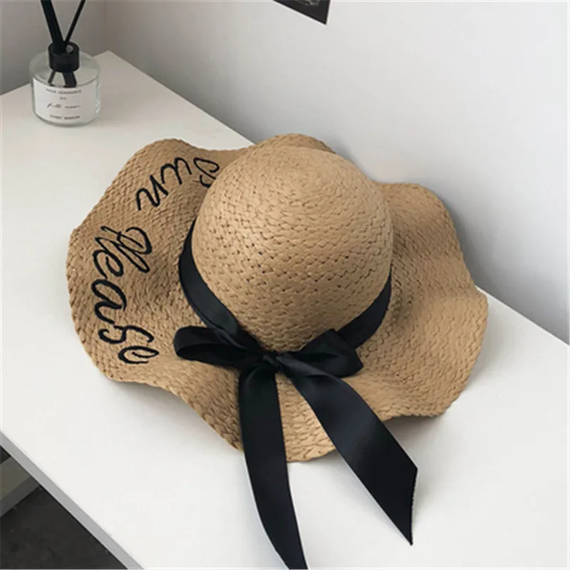 Соломенный козырек от солнца raffia пляжные шляпы с буквенным принтом и широкими