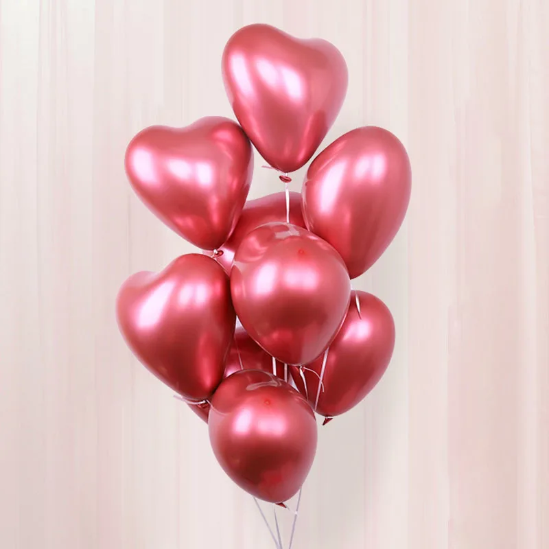 10pcs/lot 12inch Heart Glossy Metal Latex Balloons Thick Metallic Ballon Inflatable Air Globos Valentine's Day Party Decorations