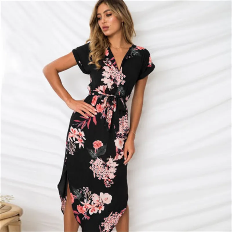 Hot Sexy Popular Fashion Causal V Neck Side Split Ladies Noble Lacing Up Womens Summer Floral Print Evening Party Midi Dress | Женская