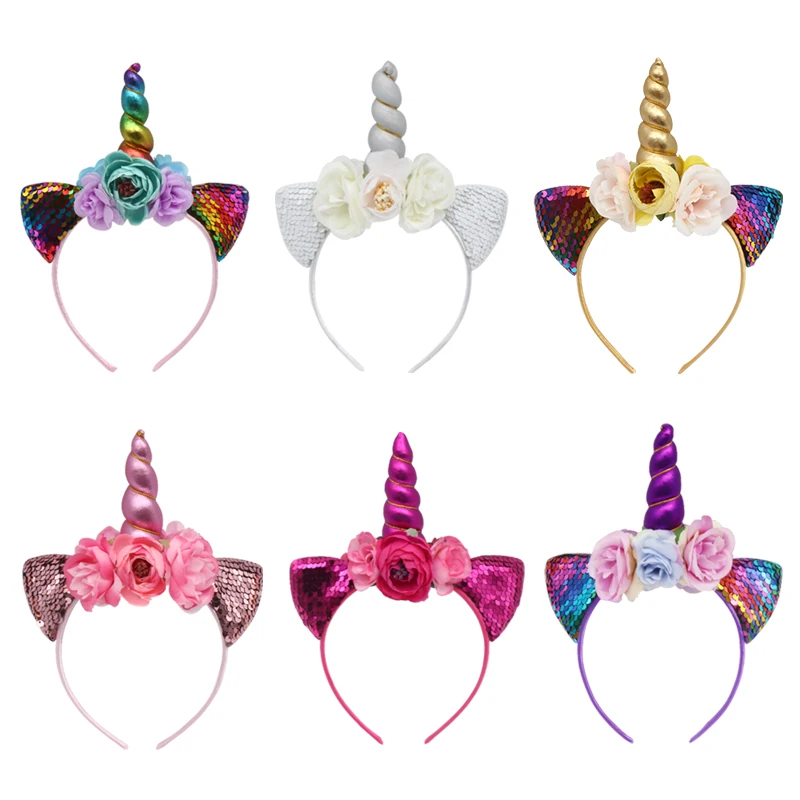 

Children hairbands Reverse Sequins Headbands Flower Hairband Gold Horns Elastic Hair Band Easter Bonus Hair Accessories