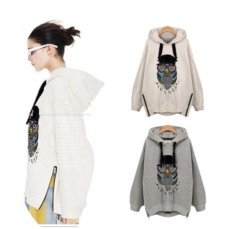 2017 осень-зима Вышивка сова с капюшоном Для женщин Толстовки флис Повседневное