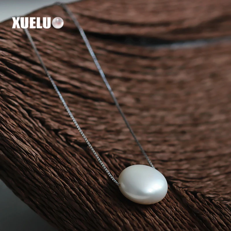 

XUELUO 925 Sterling Silver Necklace 13-14mm Top Quality Natural White Coin Fresh Water Pearl Necklace
