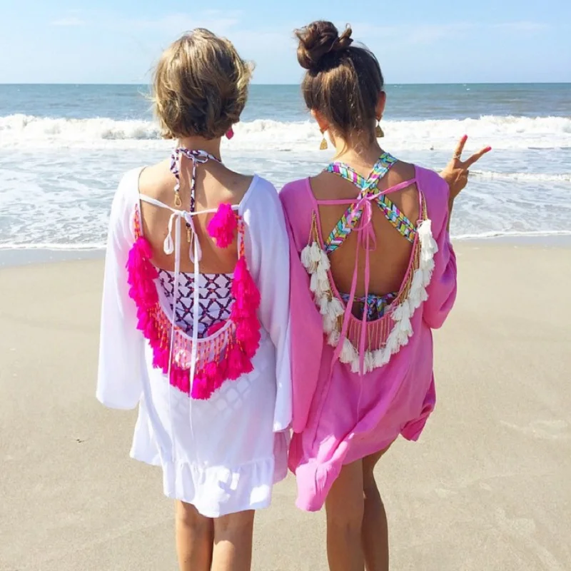 Лидер продаж бикини с открытой спиной и кисточками накидка вязаный купальник