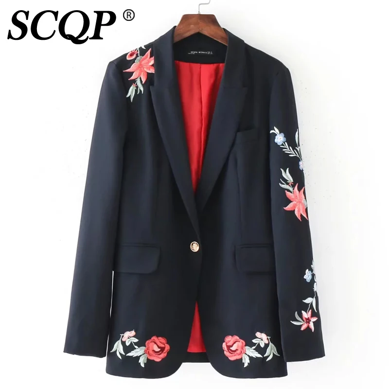 SCQP Embroidery Floral Pockets Spring Jacket Women Long Sleeve Ladies V-neck Outerwear Womens Fashion Office 2017 | Женская одежда
