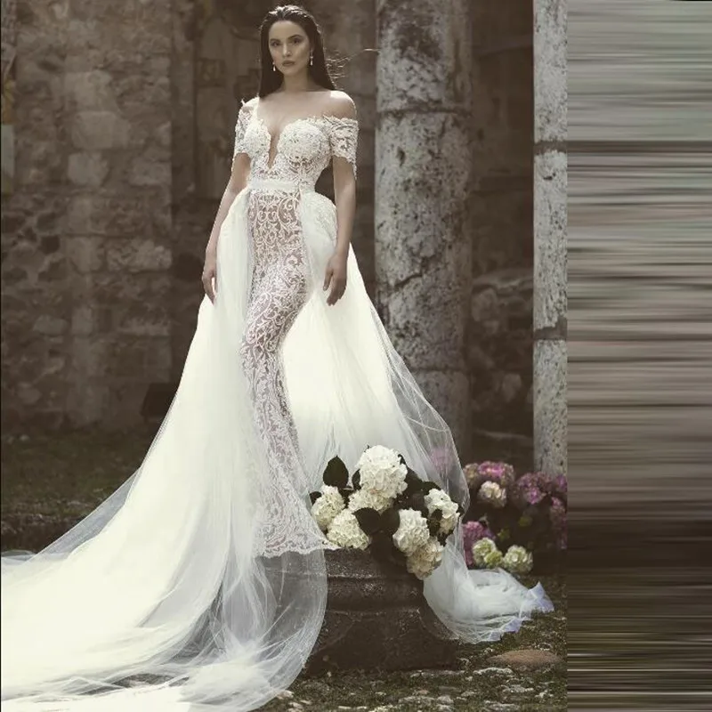 Кружевное свадебное платье с юбкой-годе со съемным шлейфом 2019 | Женская одежда