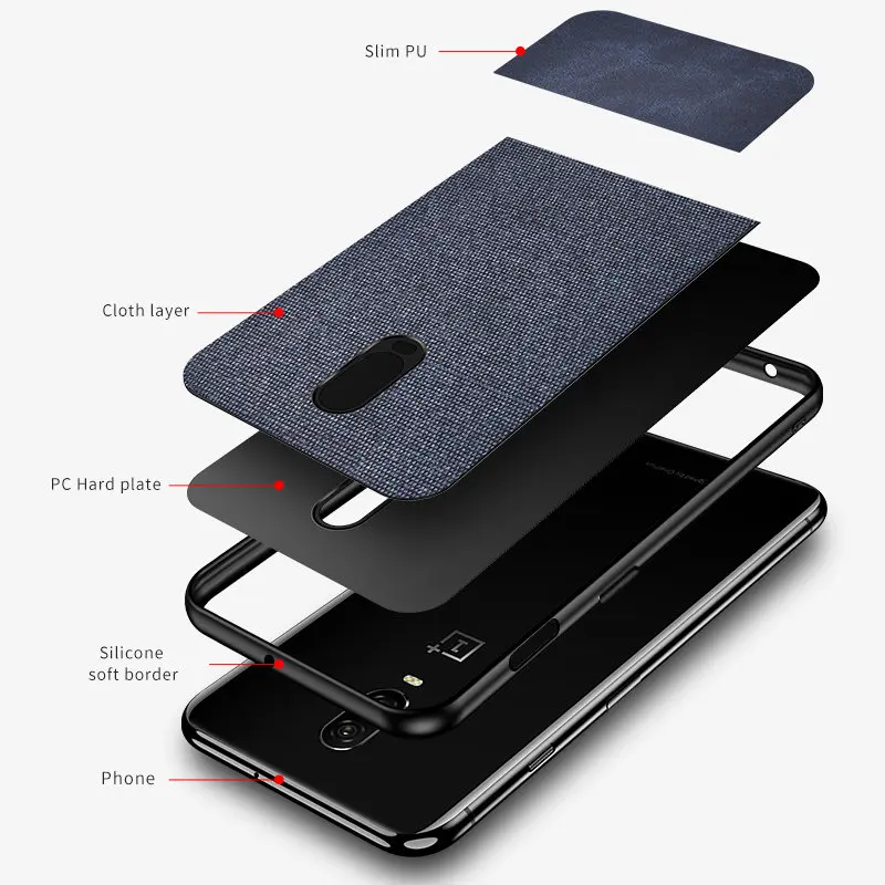 Business Fabric Canvas PU Leather Case For OnePlus 6 6T Splice PC Hard Back Cover Case+Magnetic Ring Holder |