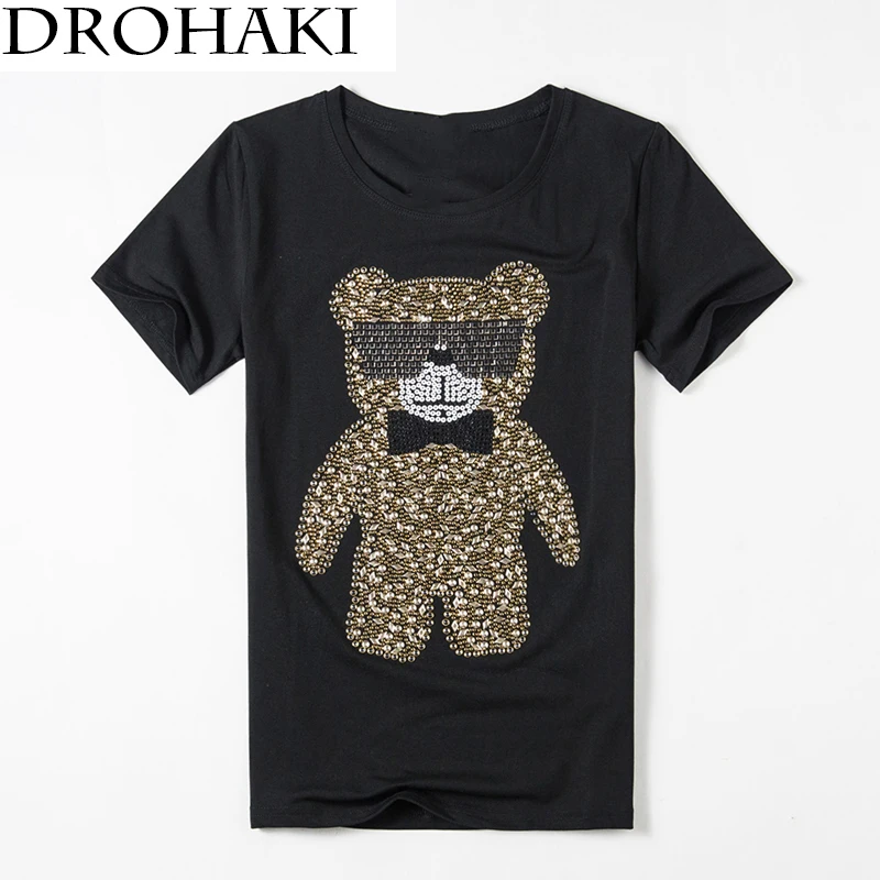 Drohaki Лето 2017 г. Новая мода Harajuku Для женщин футболка со стразами с изображением