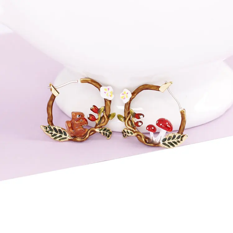 Белка гриб Асимметричные круглые серьги Модные ювелирные изделия Sieraden Joyas