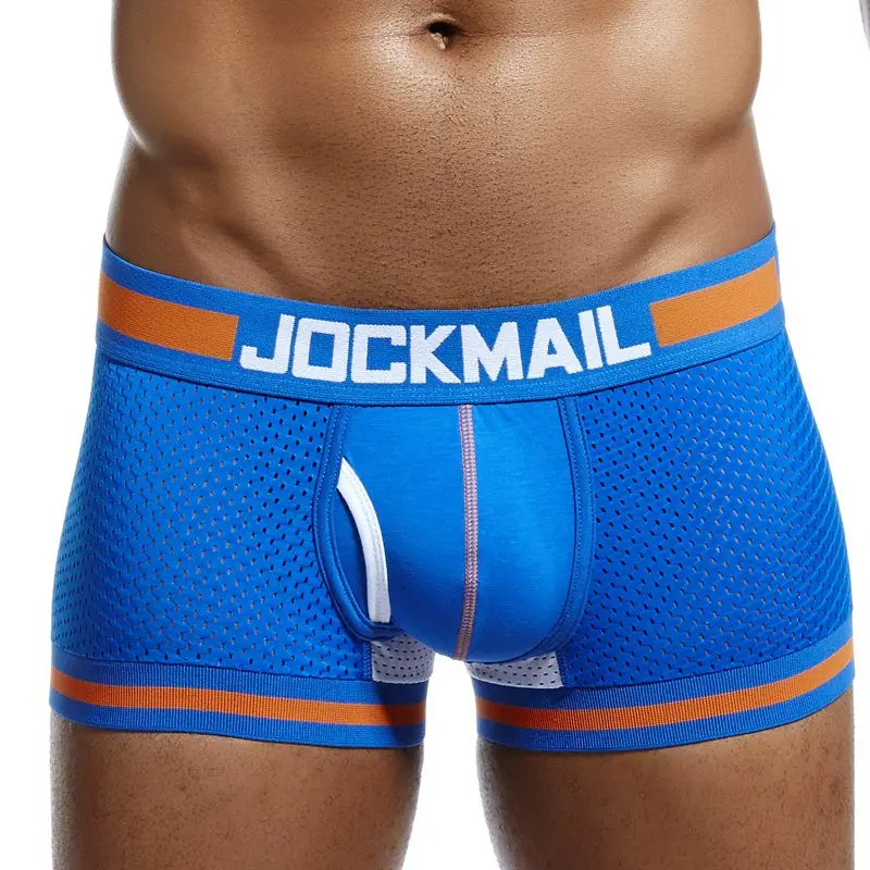 JOCKMAIL, фирменное мужское Сетчатое нижнее белье, боксеры, calzoncillos hombre, гей, одежда для сна, Cueca, боксеры, дышащие, промежность, хлопковые трусы, шорты - Цвет: Синий