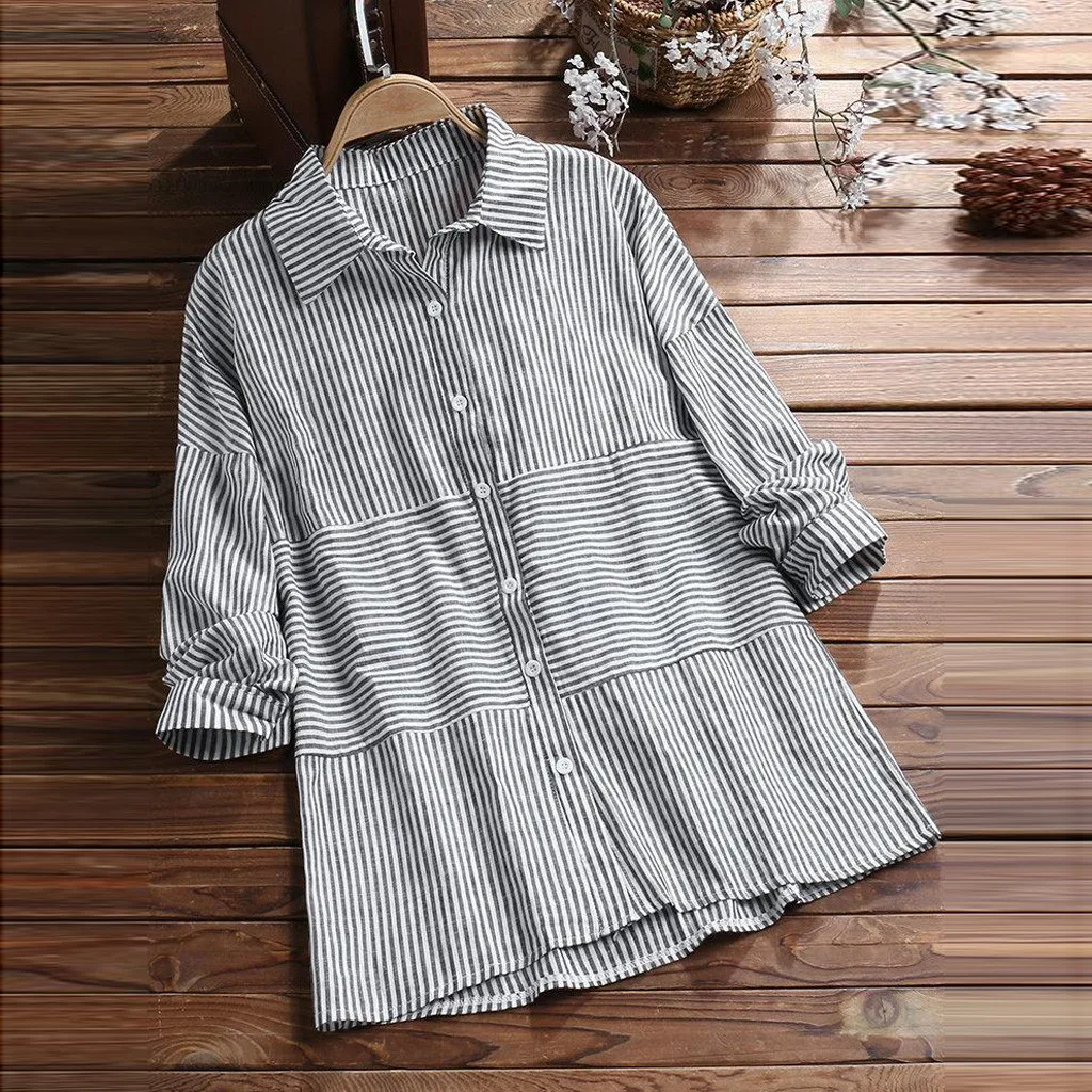 Длинная женская блузка в полоску размера плюс Повседневная Свободная с длинным