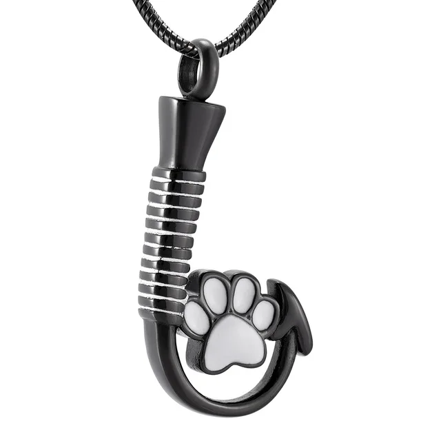 

IJD9926 Hold Black Dog paw Fish Hook Stainless Steel Memorial Urn Necklace For Pet Loss Keepsake Cremation Pendant With Ashes