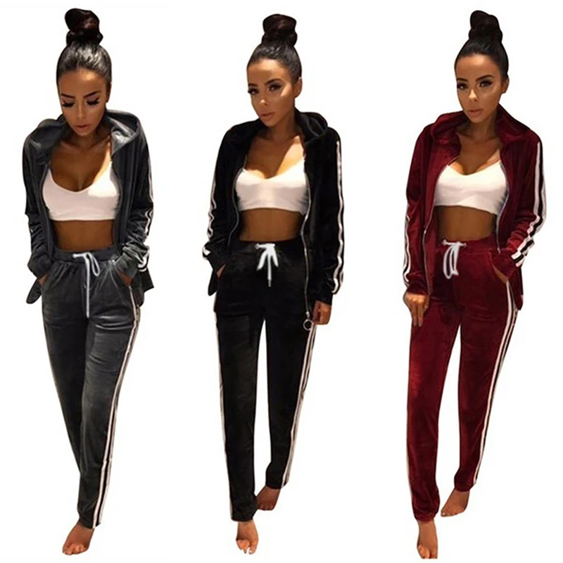 

Autumn Tracksuit For Women Two Piece Set Stripe Top And Pants Women Velvet Suits Casual Fitness Set Sportswear Conjunto Feminino