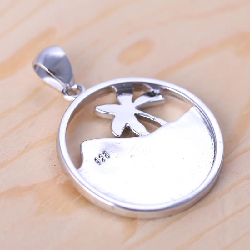 ROLILASON Round Beach coconut trees Blue Fire Opal Silver Stamped 925 Necklace Pendants for women OP751