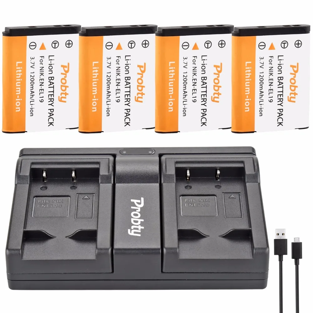 PROBTY 4 шт. EN EL19 батарея камеры + USB двойное зарядное устройство для Nikon Coolpix S32 S33 S100 S2500