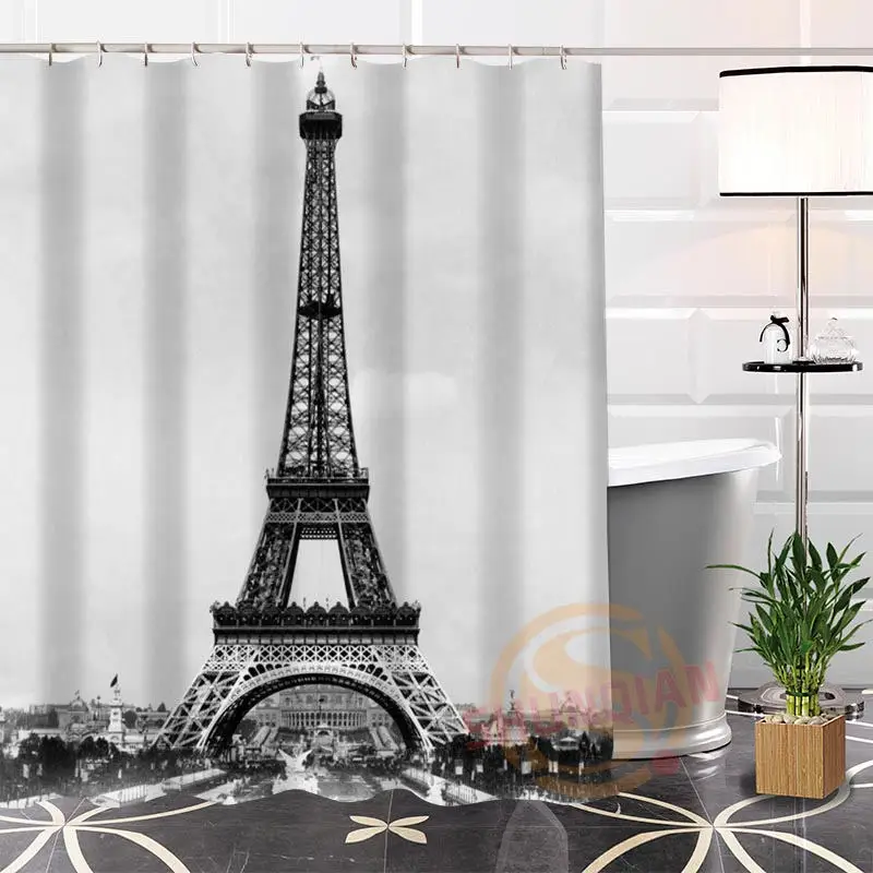 

Eco-friendly The Tower Fabric Shower Curtain Modern Custom Unique bathroom With Hooks Curtains