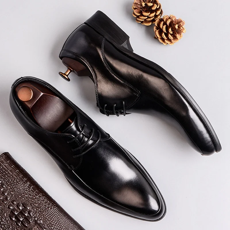 Classic Man Formal Dress Derby Office Shoes Genuine Leather Handmade Wedding Party Flats Pointed Toe Men's Basic Footwear SS367 | Обувь