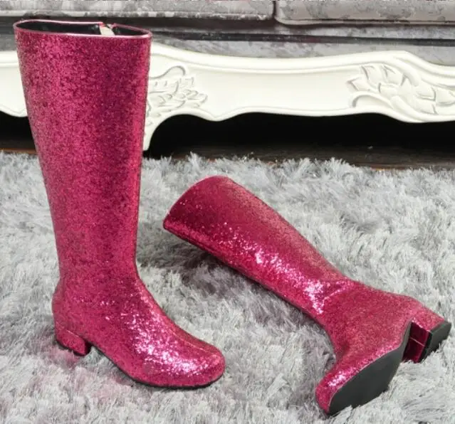 

Fashion Gold Silver Low Heel Glitter Knee High Boots Sequined Long Top Rain Booties Ladies Nightclub Fetish Shoes Big Size 41-45