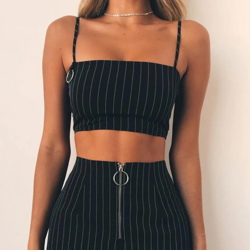 

Women's Casual Sleeveless Striped Vest Spaghetti Strap Crop Top Metal Ring Cami