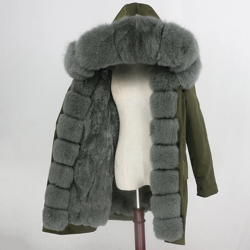 green black white E Длинная парка OFTBUY, водонепроницаемая верхняя одежда, пальто с натуральным мехом енота, Воротник из лисьего меха, капюшон, подкладка из кроличьего меха, Толстая теплая уличная одежда - Цвет: green black white E