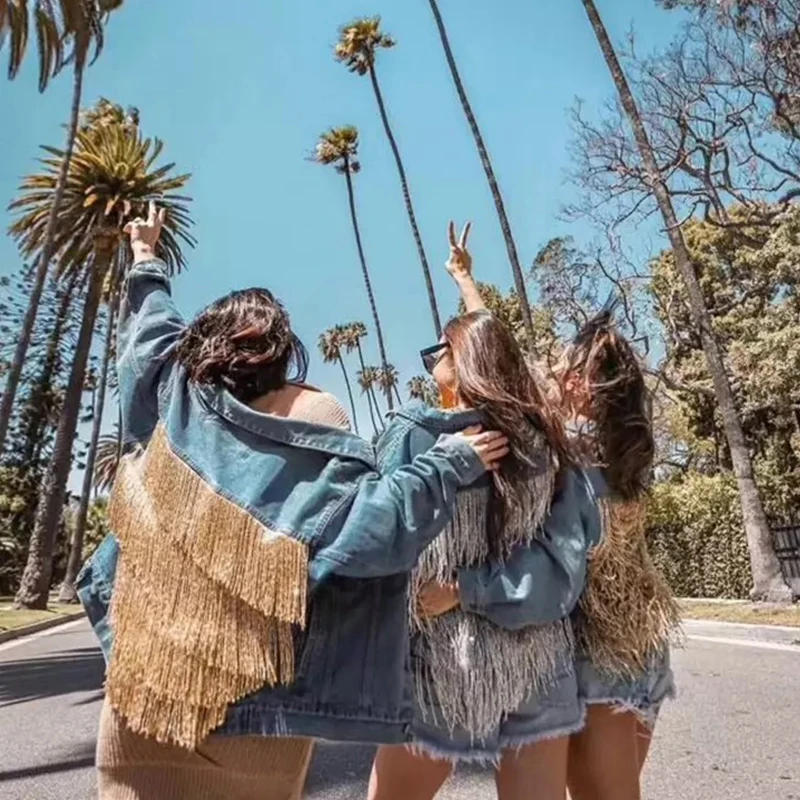 

Luxury Women Shiny Beaded Fringed Denim Jacket 2019 Fashion Celebrity Diamond Denim Jackets Female Heavy Work Clothing