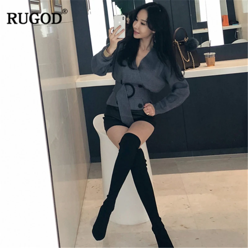 RUGOD корейский элегантный серый кардиган пальто для женщин сексуальный v-образный
