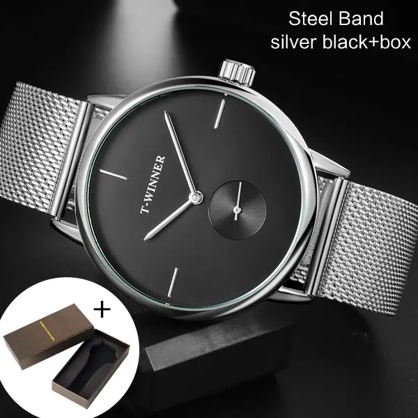 G silver black box T-WINNER, мужские механические часы, победитель, Лидирующий бренд, ручная работа, нержавеющая сталь, кожаный ремешок, Forsining, простые мужские водонепроницаемые часы - Цвет: G silver black box