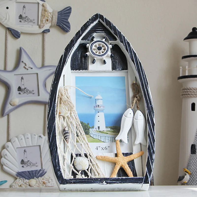 Винтажный 6-дюймовый синий деревянный семейный Фотофон в форме лодки