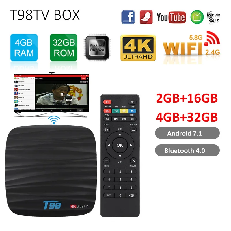 Android 8 1 Смарт ТВ коробка T98 4 ГБ 32 Allwinner H6 четырехъядерный Bluetooth телеприставка с