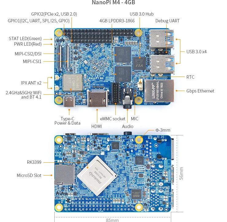 RealQvol FriendlyARM NanoPi M4 2 ГБ/4 ГБ DDR3 Rockchip RK3399 SoC 2,4G и 5G двухдиапазонный WiFi+ Bluetooth 4,1 поддерживает Ubuntu Android