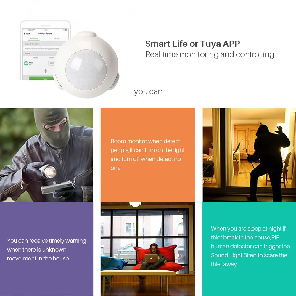 WiFi PIR Motion Sensor Smart Home Security Infrared Detector No HUB Required Tuya App Control Battery Powered Works With | Безопасность