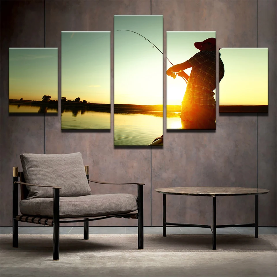 Artryst Canvas Poster Wall Art HD Prints Pictures Modular 5 Piece Fisherman Fishing Sport Paintings Home Decor For Living Room | Дом и сад