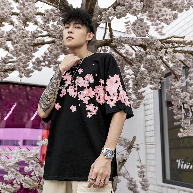 Мужская футболка в стиле хип-хоп с надписью и цветком вишни лето 2019 | одежда