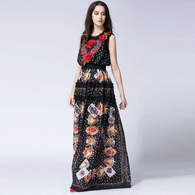 New 2017 Women Floor Length Sleeveless Elegant Rose Flower Print Floral Embroidery Vintage Long Dress Fashion Runway Maxi | Женская