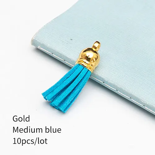 Gold Meidum blue 10 штук 35 мм кожаные подвески с кисточками из искусственной замши с шапками для брелоков, ремешки для ключей, аксессуары для самостоятельного изготовления, многоцветные - Цвет: Gold Meidum blue